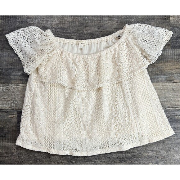 Miami by Francesca's Crochet Top Short Sleeve Shirt Cream Woven Lace Cotton M - Picture 7 of 11